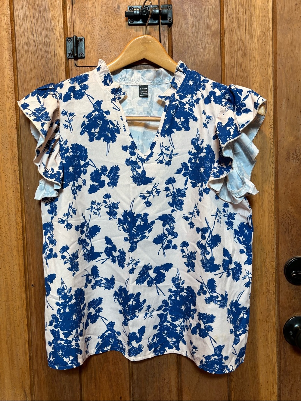 SHEIN Blue Floral V-Neck Ruffle Sleeve Top